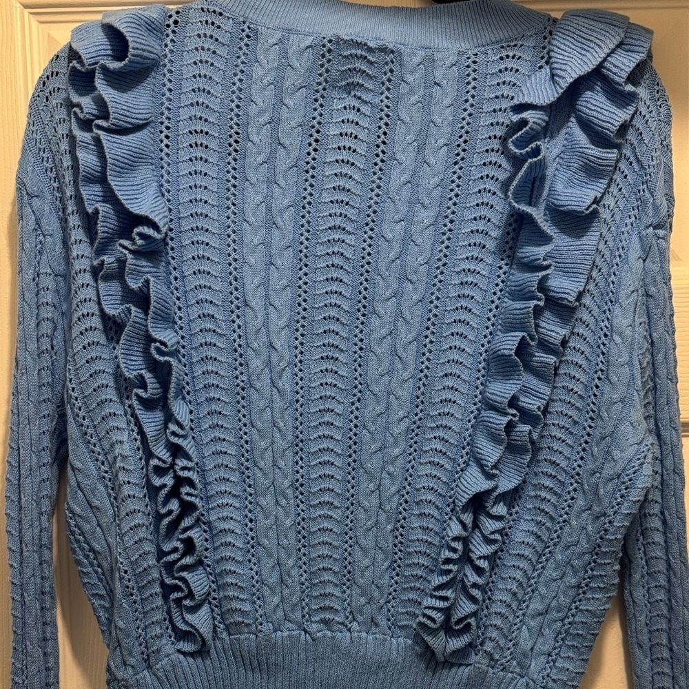 Blue Rain Ruffled Sweater Boho Cottagecore Grandmacore Top Long Sleeve - Picture 6 of 6